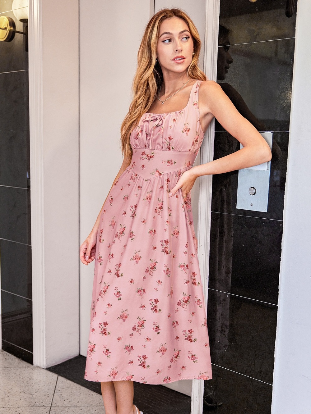 Monteau Rose Pink Floral Tie-Neck Maxi Dress